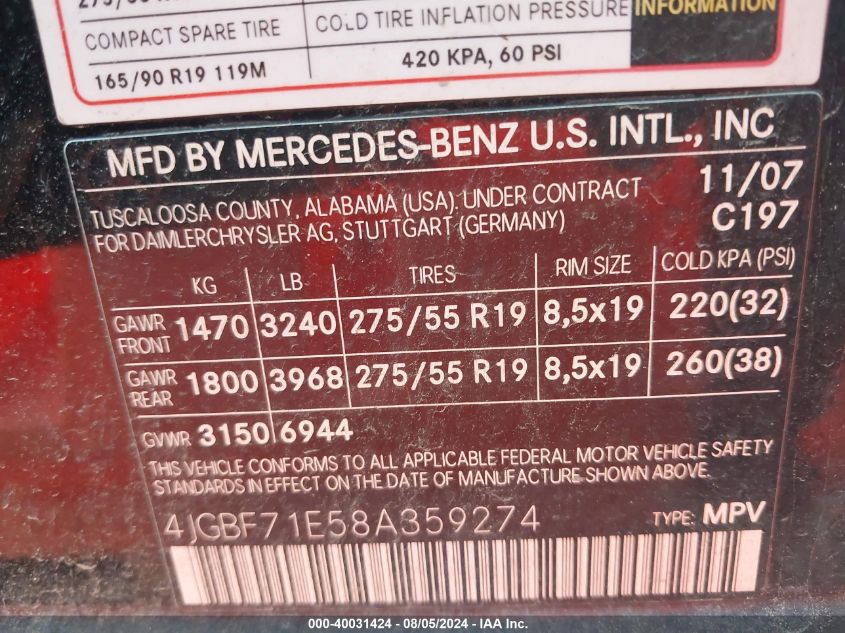 4JGBF71E58A359274 2008 Mercedes-Benz Gl 450 4Matic