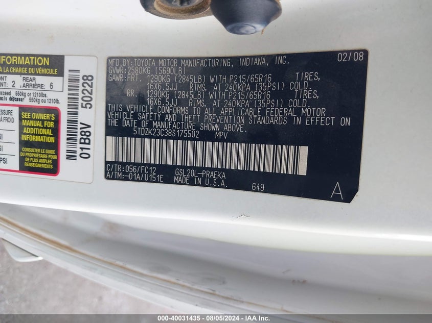 2008 Toyota Sienna Le VIN: 5TDZK23C38S175502 Lot: 40031435