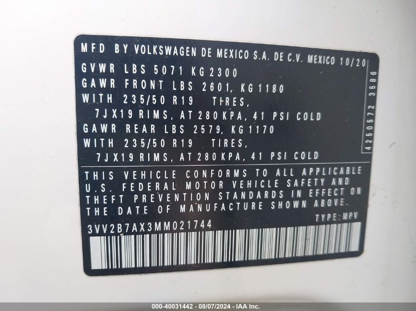 2021 Volkswagen Tiguan 2.0T Se/2.0T Se R-Line Black/2.0T Sel VIN: 3VV2B7AX3MM021744 Lot: 40031442