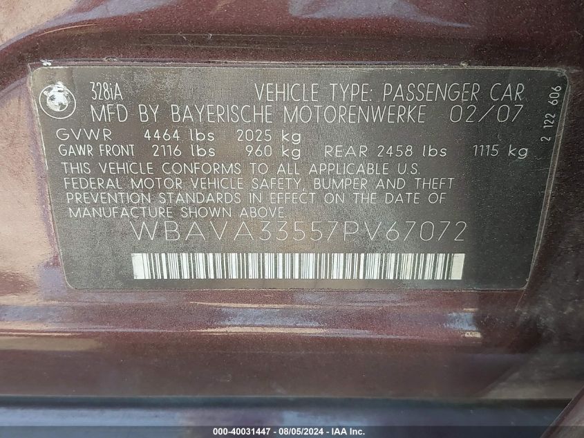 2007 BMW 3 Series 328I VIN: WBAVA33557PV67072 Lot: 40031447