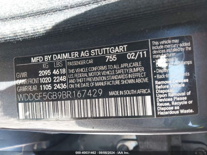 2011 Mercedes-Benz C 350 Sport VIN: WDDGF5GB9BR167429 Lot: 40031462