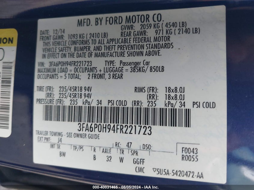 2015 Ford Fusion Se VIN: 3FA6P0H94FR221723 Lot: 40031465