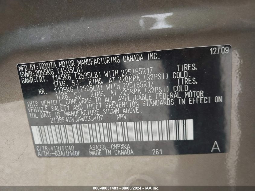 2010 Toyota Rav4 VIN: 2T3BF4DV3AW035407 Lot: 40031483