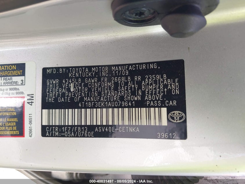 2010 Toyota Camry VIN: 4T1BF3EK1AU079641 Lot: 40031497