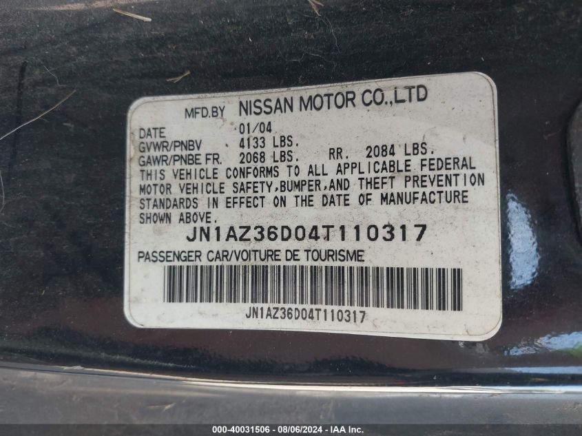 2004 Nissan 350Z Enthusiast VIN: JN1AZ36D04T110317 Lot: 40031506