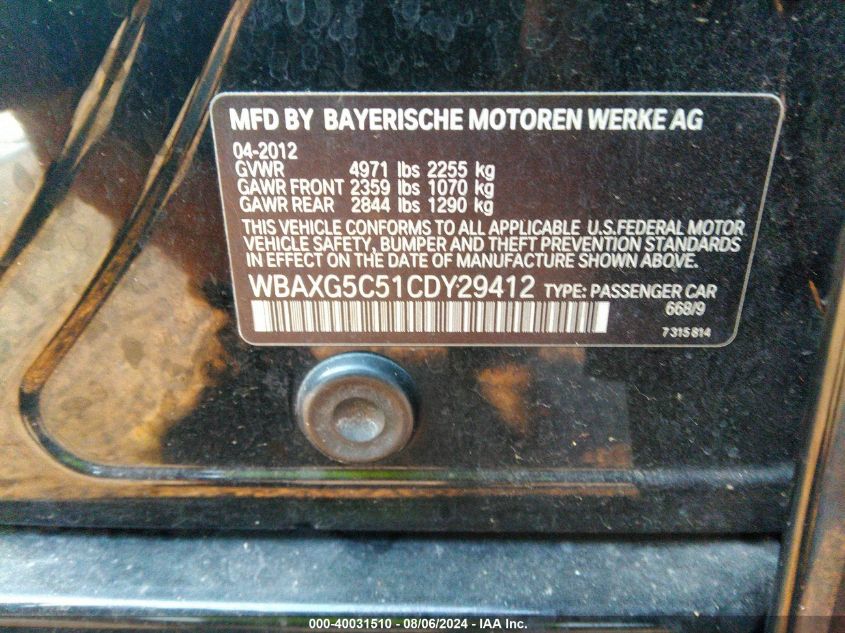 2012 BMW 528I VIN: WBAXG5C51CDY29412 Lot: 40031510