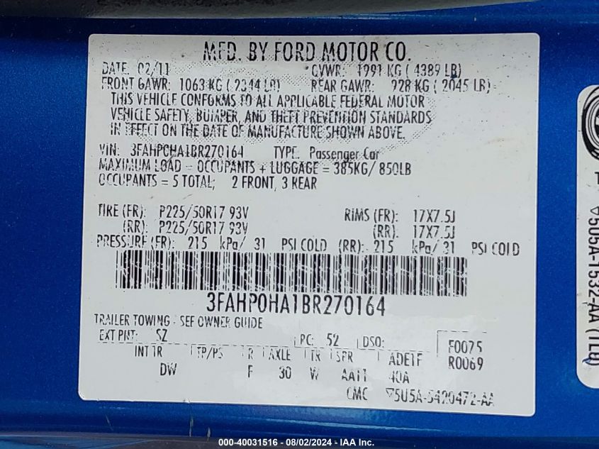 2011 Ford Fusion Se VIN: 3FAHP0HA1BR270164 Lot: 40031516