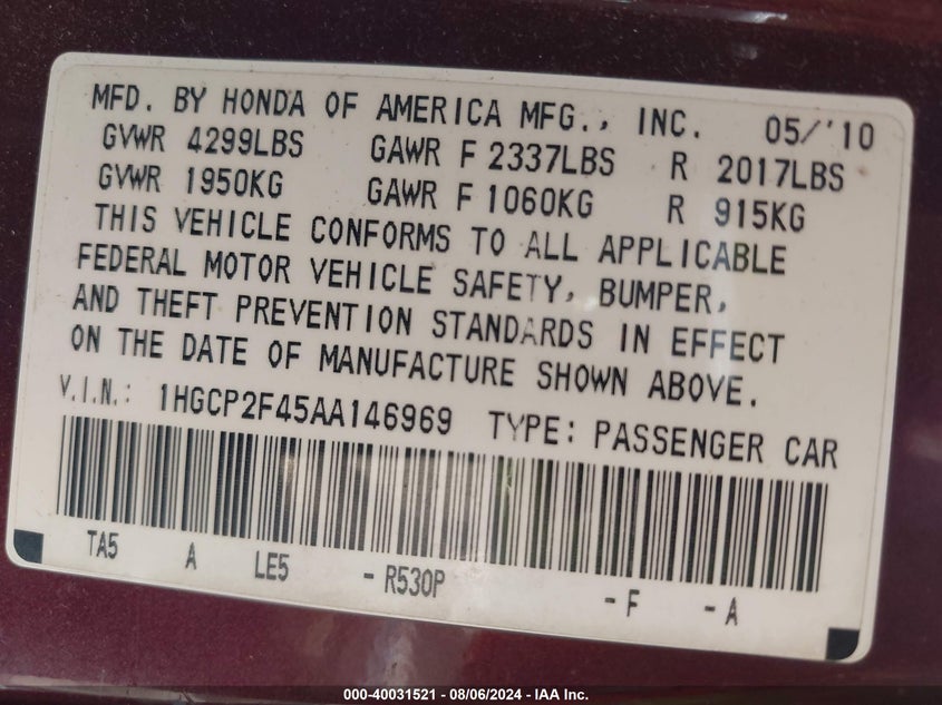 2010 Honda Accord 2.4 Lx-P VIN: 1HGCP2F45AA146969 Lot: 40031521