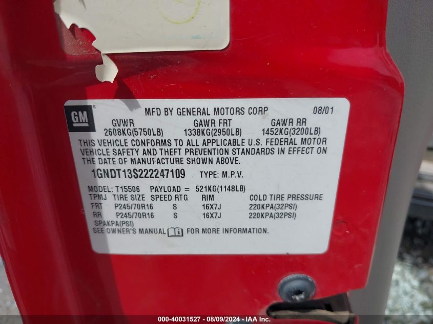 2002 Chevrolet Trailblazer Ls VIN: 1GNDT13S222247109 Lot: 40031527