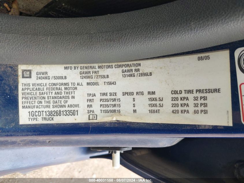 1GCDT138268133501 2006 Chevrolet Colorado Lt