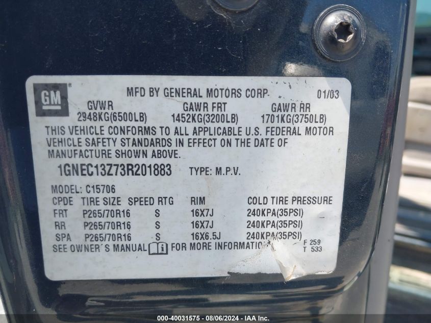 2003 Chevrolet Tahoe Ls VIN: 1GNEC13Z73R201883 Lot: 40031575