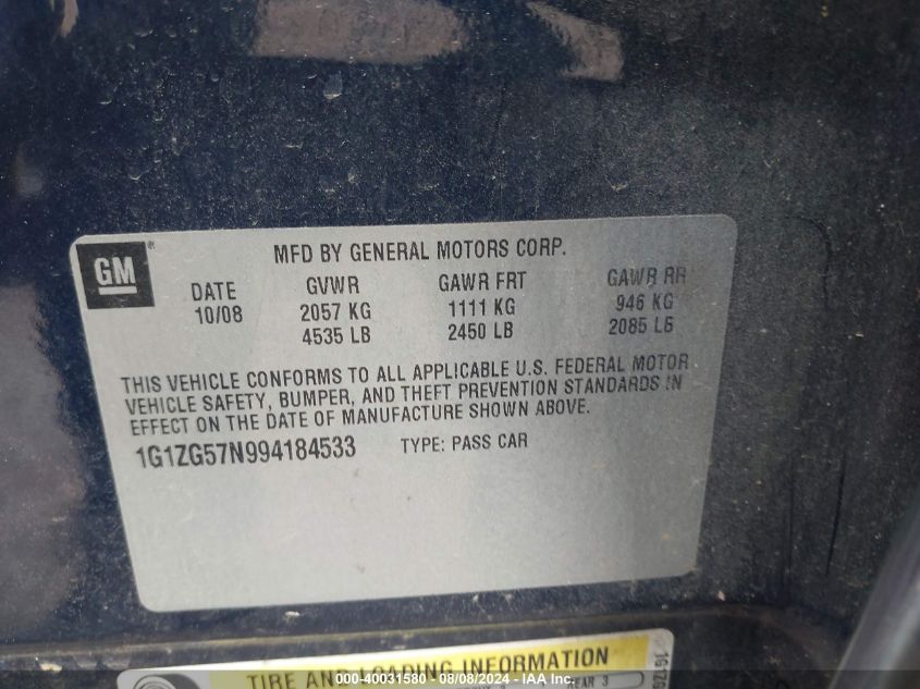 2009 Chevrolet Malibu Ls VIN: 1G1ZG57N994184533 Lot: 40031580