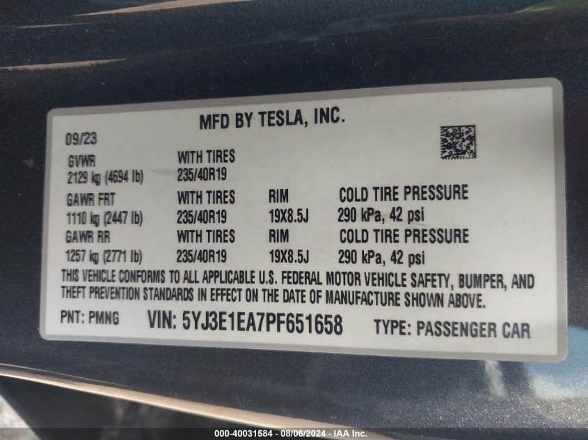 2023 Tesla Model 3 Rear-Wheel Drive VIN: 5YJ3E1EA7PF651658 Lot: 40031584