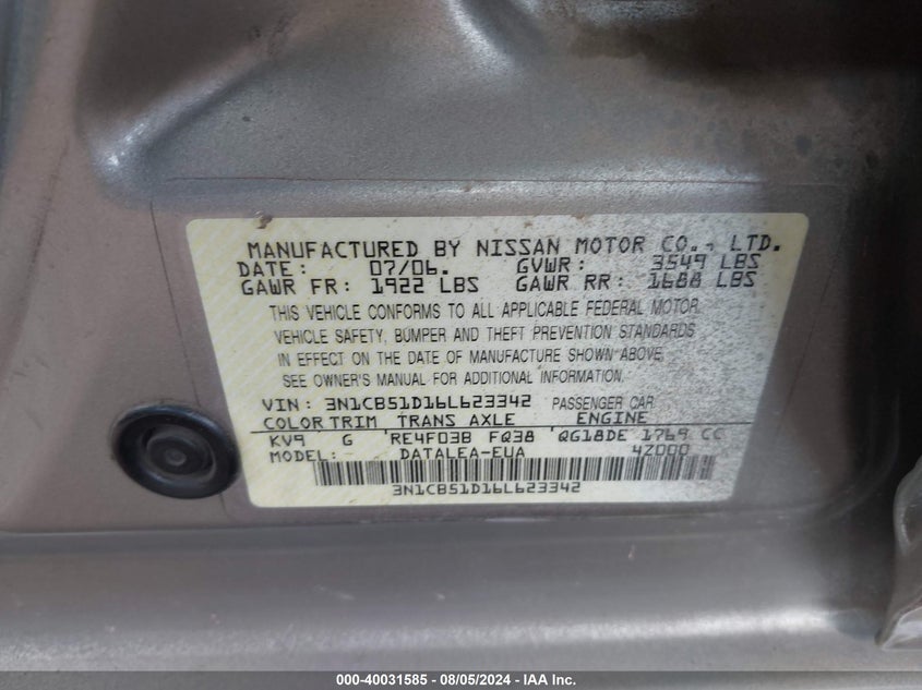 2006 Nissan Sentra 1.8S VIN: 3N1CB51D16L623342 Lot: 40031585