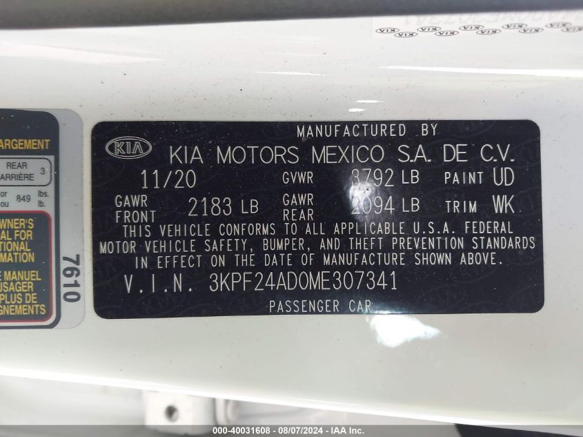 2021 Kia Forte Lxs VIN: 3KPF24AD0ME307341 Lot: 40031608