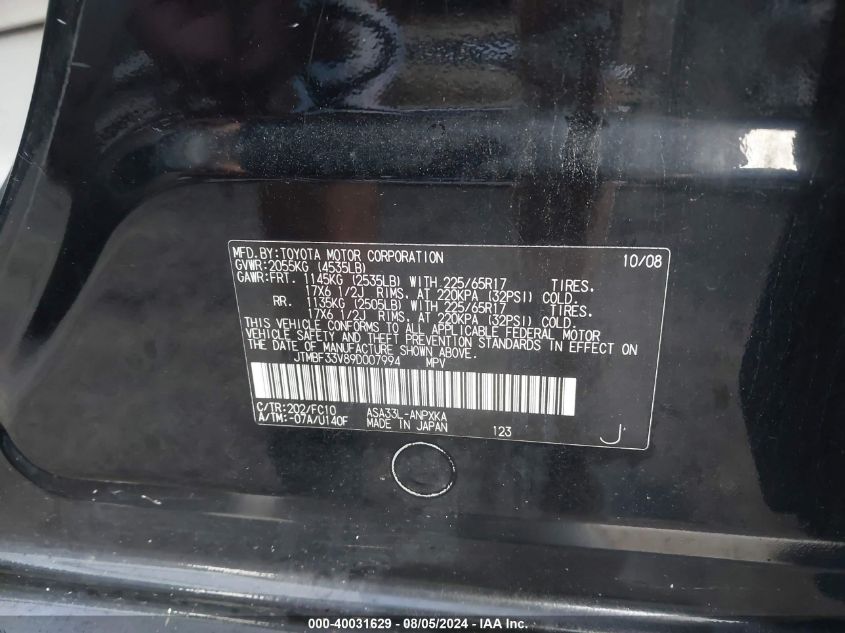 2009 Toyota Rav4 VIN: JTMBF33V89D007994 Lot: 40031629