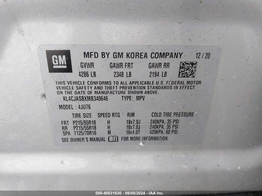 2021 Buick Encore Fwd Preferred VIN: KL4CJASBXMB340646 Lot: 40031630