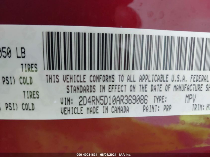 2010 Dodge Grand Caravan Sxt VIN: 2D4RN5D10AR369086 Lot: 40031634