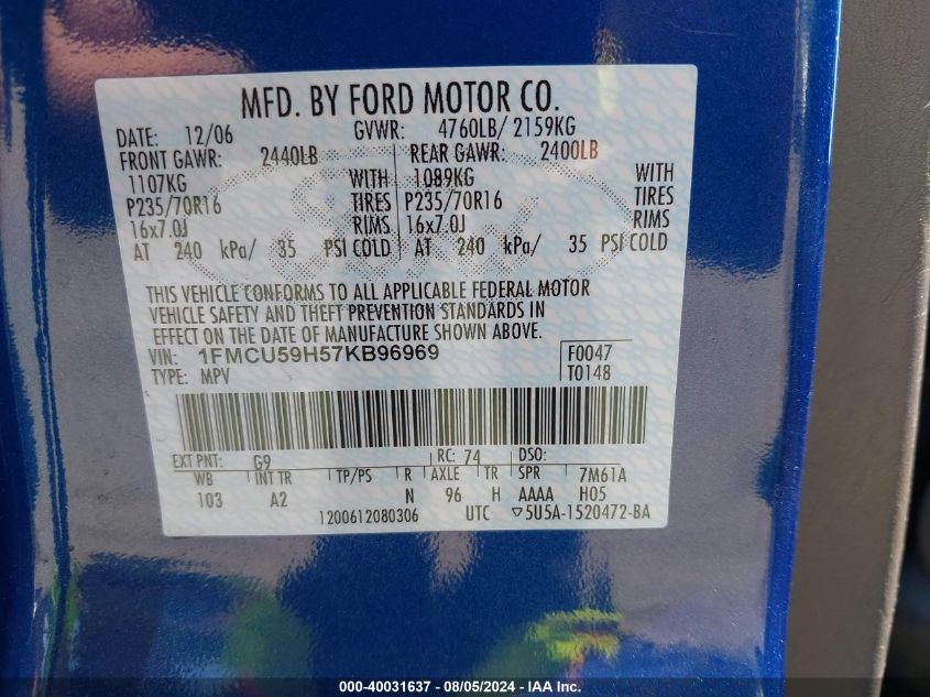 2007 Ford Escape Hybrid VIN: 1FMCU59H57KB96969 Lot: 40031637