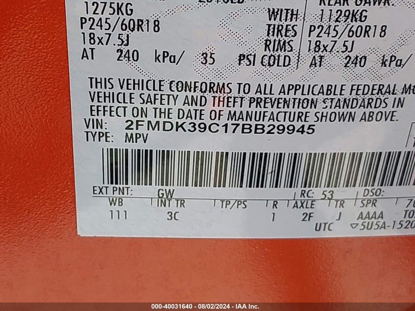 2007 Ford Edge Sel Plus VIN: 2FMDK39C17BB29945 Lot: 40031640