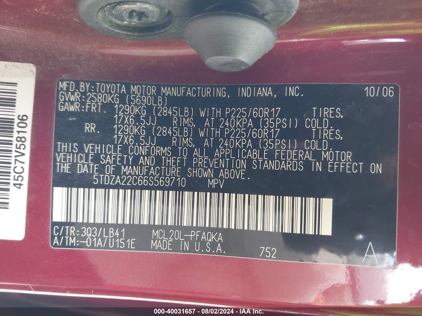 2006 Toyota Sienna Xle VIN: 5TDZA22C66S569710 Lot: 40031657