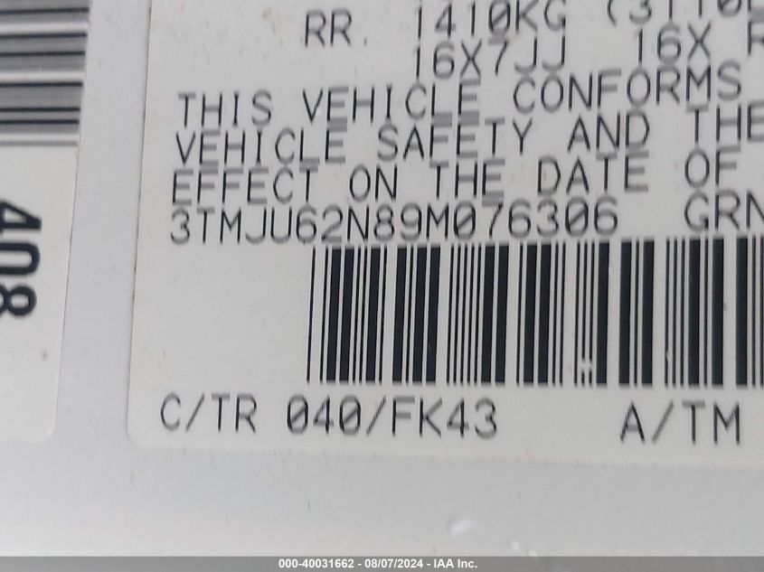 2009 Toyota Tacoma Prerunner V6 VIN: 3TMJU62N89M076306 Lot: 40031662