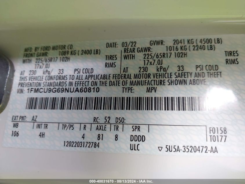 2022 Ford Escape Se VIN: 1FMCU9G69NUA60810 Lot: 40031670