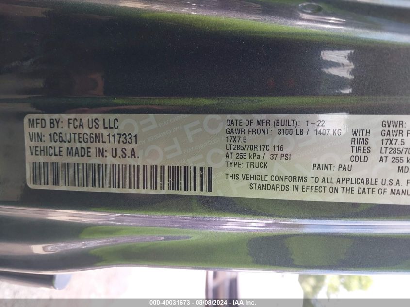 2022 Jeep Gladiator Mojave 4X4 VIN: 1C6JJTEG6NL117331 Lot: 40031673