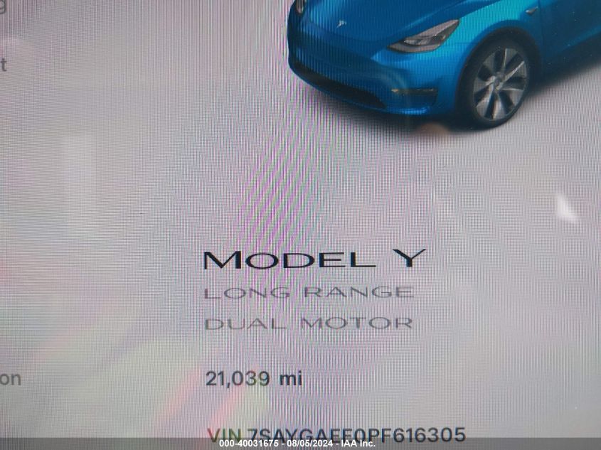 2023 Tesla Model Y Awd/Long Range Dual Motor All-Wheel Drive VIN: 7SAYGAEE0PF616305 Lot: 40031675