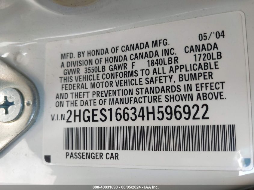 2004 Honda Civic Lx VIN: 2HGES16634H596922 Lot: 40031690