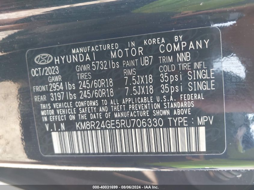 2024 Hyundai Palisade Sel VIN: KM8R24GE5RU706330 Lot: 40031699