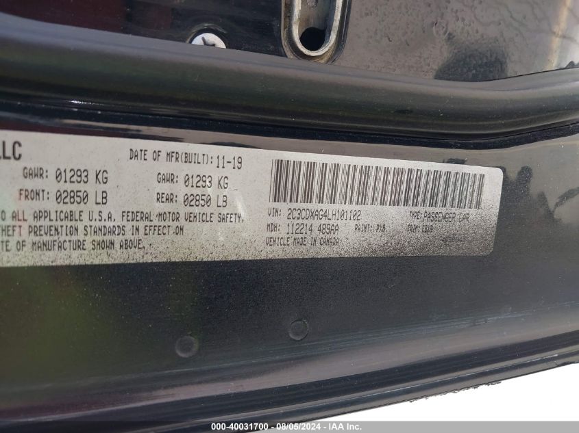 2020 Dodge Charger Police Rwd VIN: 2C3CDXAG4LH101102 Lot: 40031700