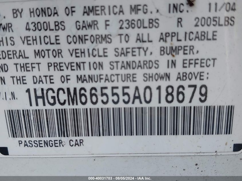 2005 Honda Accord 3.0 Ex VIN: 1HGCM66555A018679 Lot: 40031703