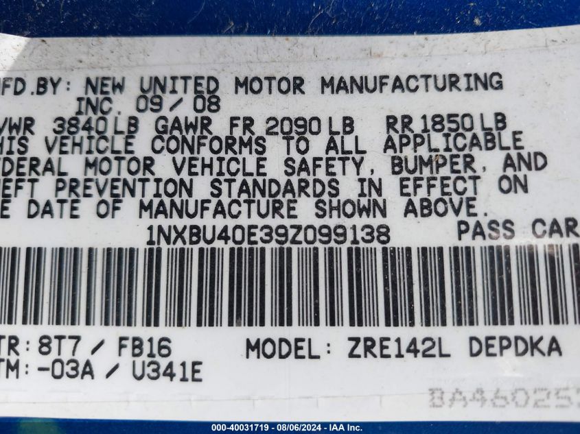 2009 Toyota Corolla Le VIN: 1NXBU40E39Z099138 Lot: 40031719