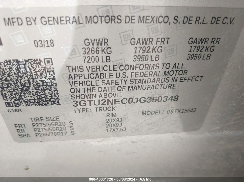 3GTU2NEC0JG350348 2018 GMC Sierra 1500 Slt