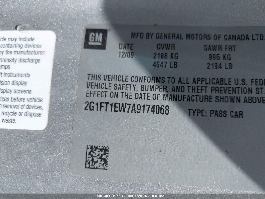 2010 Chevrolet Camaro 2Ss VIN: 2G1FT1EW7A9174068 Lot: 40031733