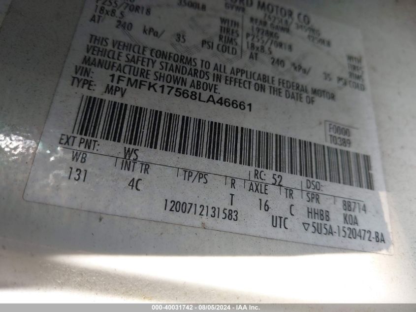 2008 Ford Expedition El Eddie Bauer VIN: 1FMFK17568LA46661 Lot: 40031742