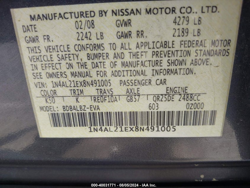 2008 Nissan Altima 2.5 S VIN: 1N4AL21EX8N491005 Lot: 40031771