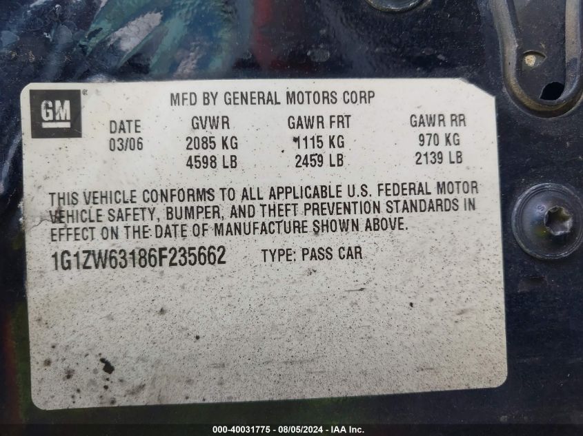 2006 Chevrolet Malibu Maxx Ss VIN: 1G1ZW63186F235662 Lot: 40031775