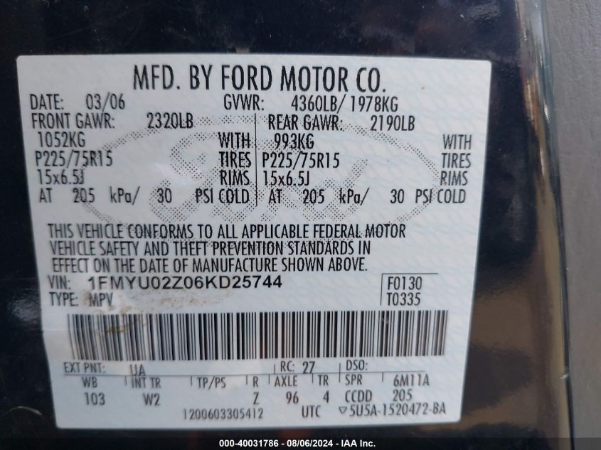 2006 Ford Escape Xls/Xls Manual VIN: 1FMYU02Z06KD25744 Lot: 40031786