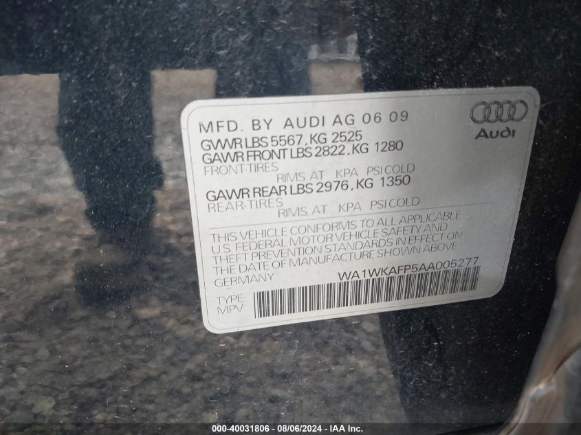 WA1WKAFP5AA005277 2010 Audi Q5 3.2 Premium