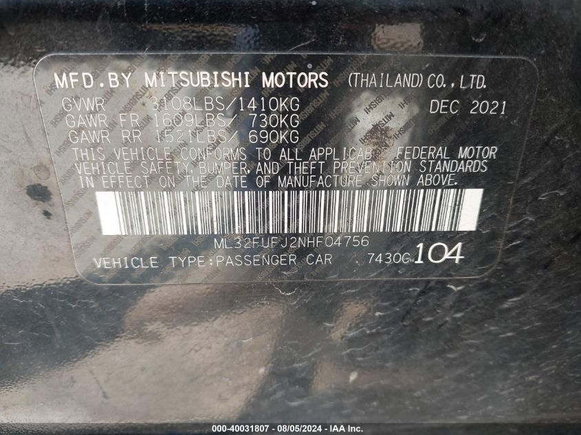 2022 Mitsubishi Mirage G4 Black Edition VIN: ML32FUFJ2NHF04756 Lot: 40031807