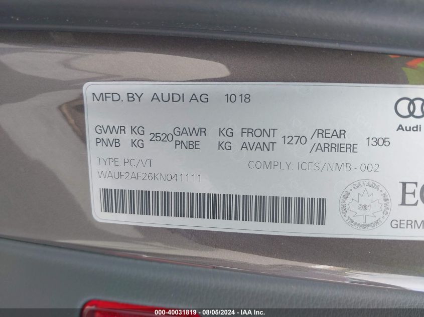 WAUF2AF26KN041111 2019 Audi A6