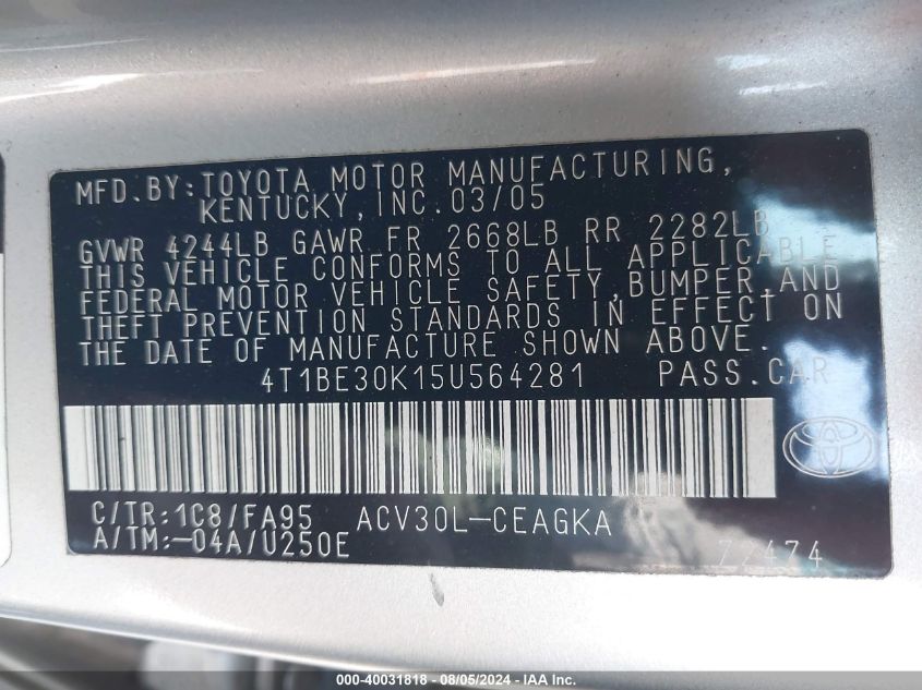 2005 Toyota Camry Xle VIN: 4T1BE30K15U564281 Lot: 40031818