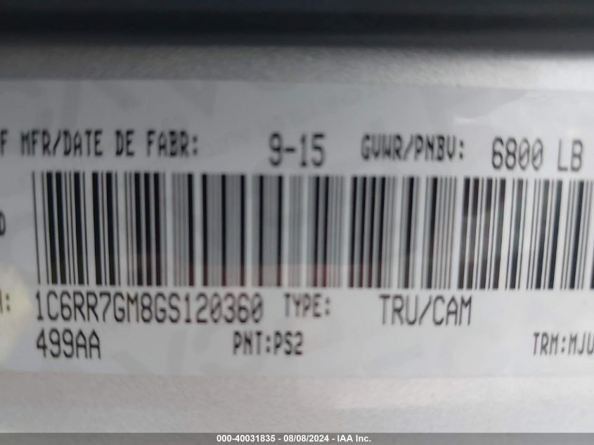 2016 Ram 1500 Slt VIN: 1C6RR7GM8GS120360 Lot: 40031835