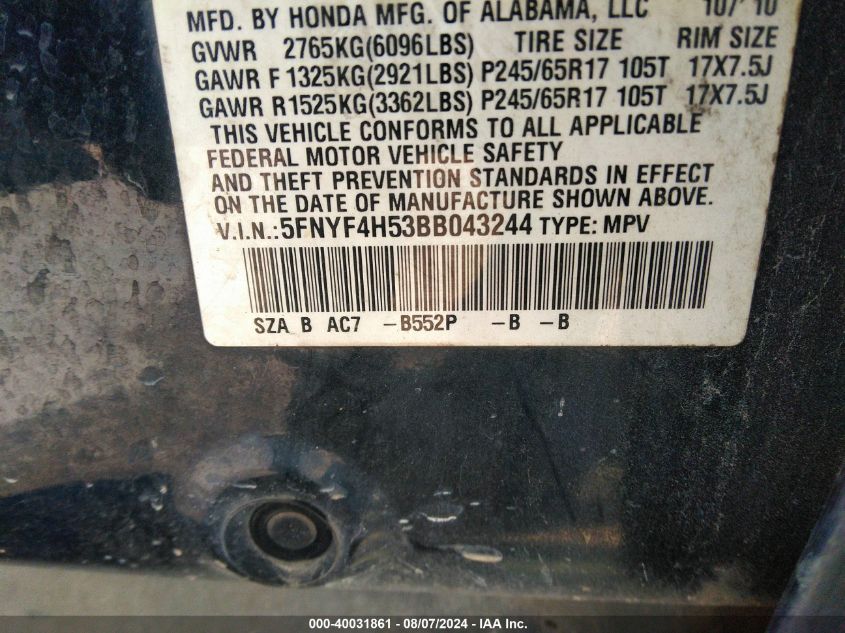 2011 Honda Pilot Ex-L VIN: 5FNYF4H53BB043244 Lot: 40031861