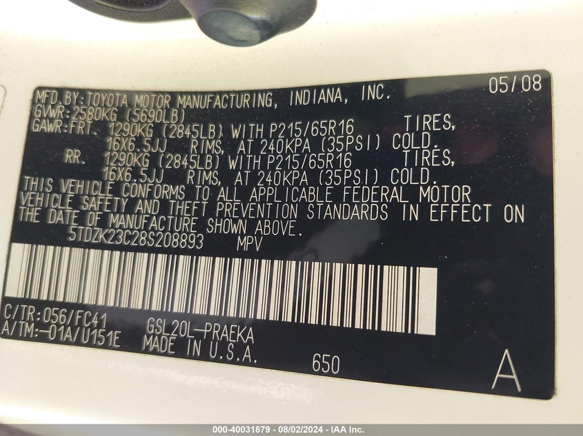 2008 Toyota Sienna Le VIN: 5TDZK23C28S208893 Lot: 40031879