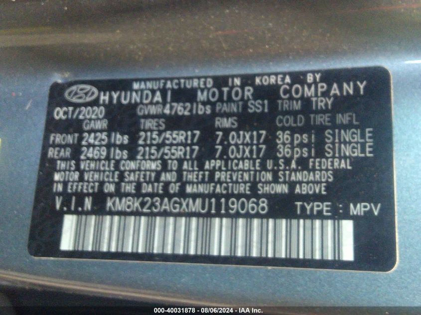 2021 Hyundai Kona Electric Sel VIN: KM8K23AGXMU119068 Lot: 40031878