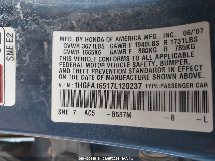 2007 Honda Civic Lx VIN: 1HGFA16517L120237 Lot: 40031916