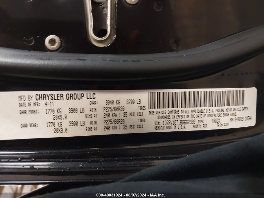 2011 Ram Ram 1500 Sport VIN: 1D7RV1GT1BS662326 Lot: 41520908